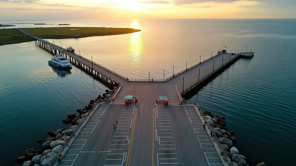 Vista aérea del estacionamiento y acceso al muelle de Boquerón con señalización clara