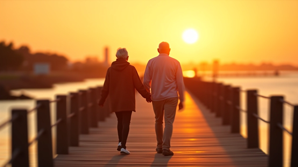 Pareja de jubilados caminando a ritmo moderado en el muelle durante el atardecer, con vistas al agua