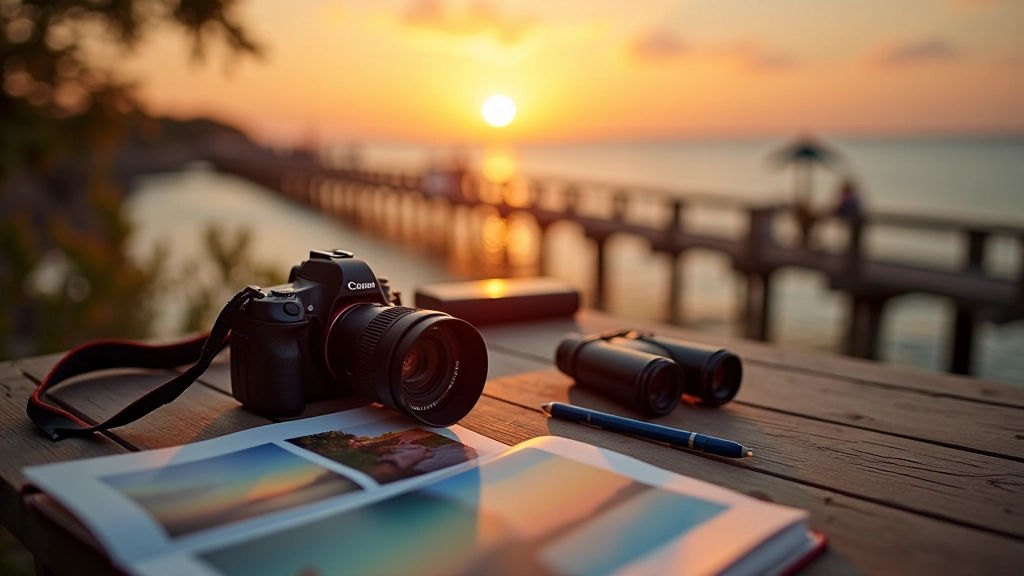 Cámara fotográfica sobre una mesa con fotos de atardeceres y notas de viaje