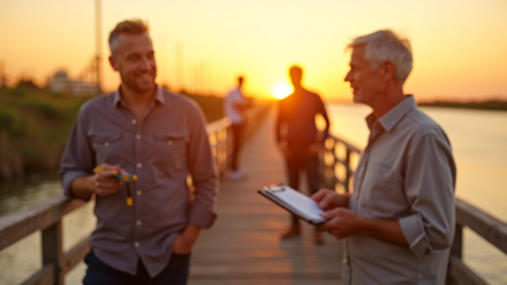 Equipo realizando investigación en el muelle de Boquerón al atardecer, documentando condiciones de accesibilidad y detalles prácticos para jubilados