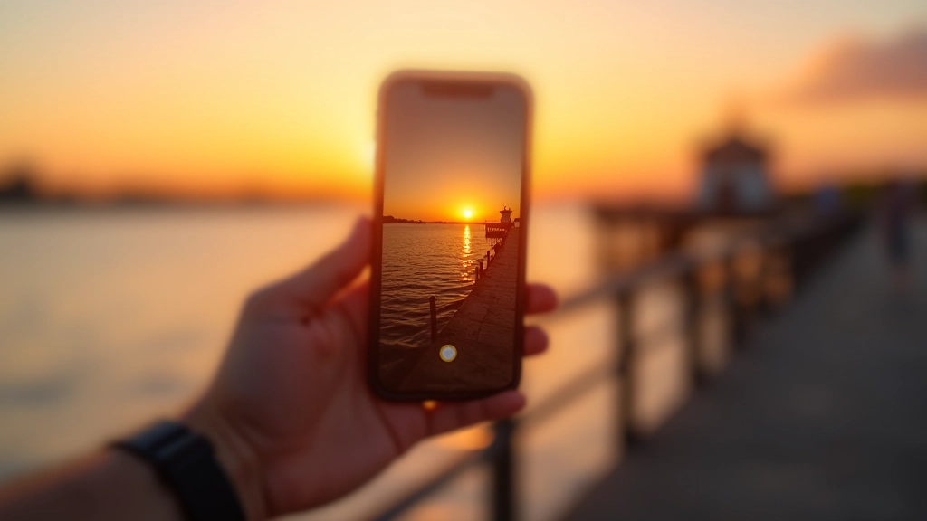 Mano sosteniendo teléfono fotografiando un atardecer en el muelle con colores rosa y naranja reflejados en el agua