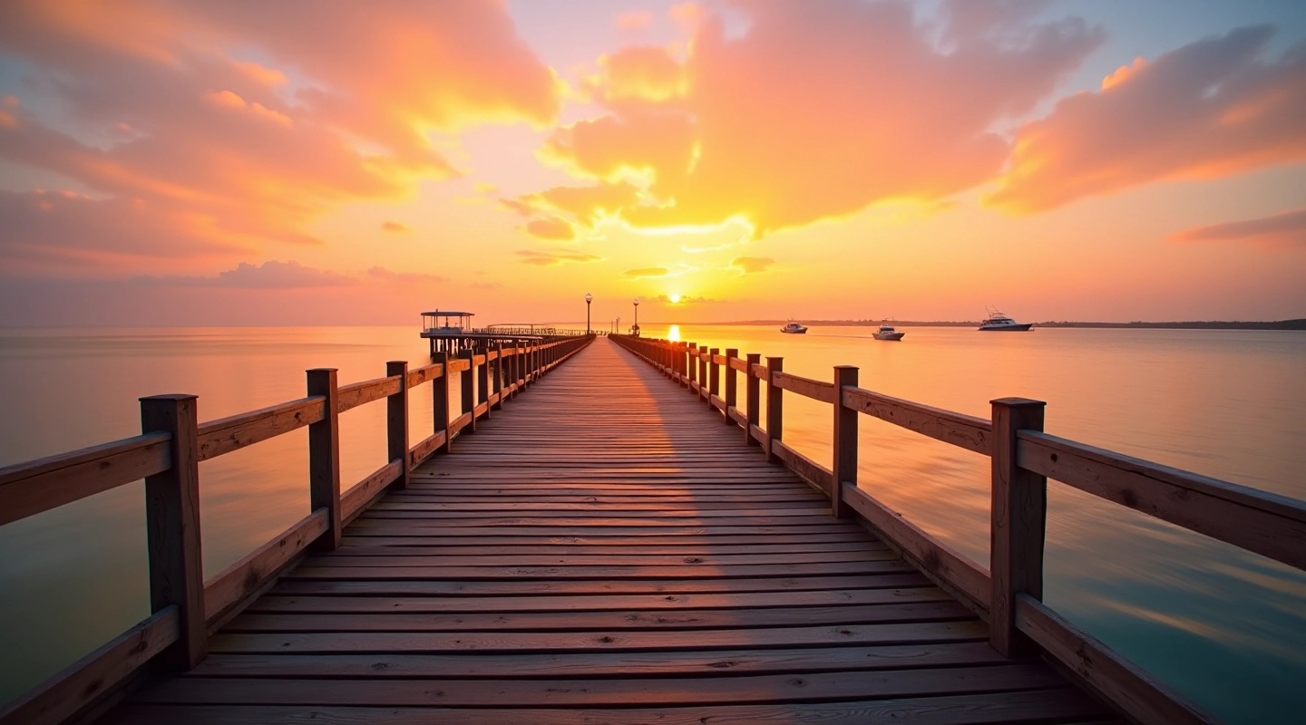 Muelle de madera al atardecer con vistas al océano y cielo naranja